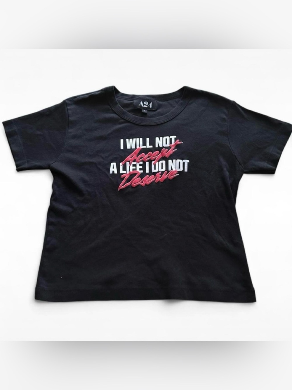 A24 X/Maxxxine black “I will not accept a life I do not deserve" baby tee